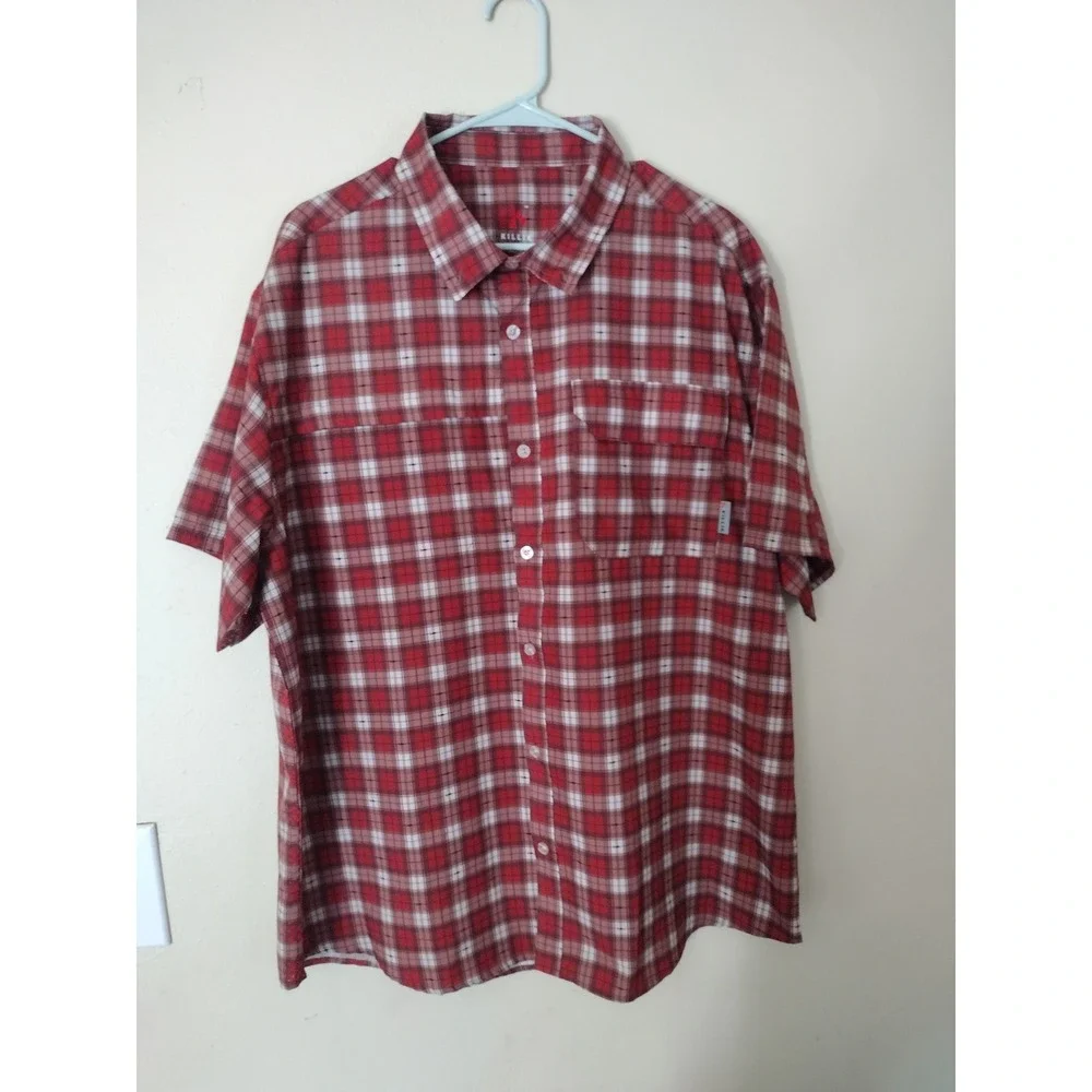 Killik Mens XL Red‎ Plaid Fish Print Short Sleeve Ventilated Fishing Shirt